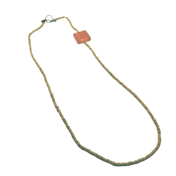 Wooden Bead Necklace Red Glass Square Pendant Beachy Coastal Spring Break 21 in - Picture 2 of 5